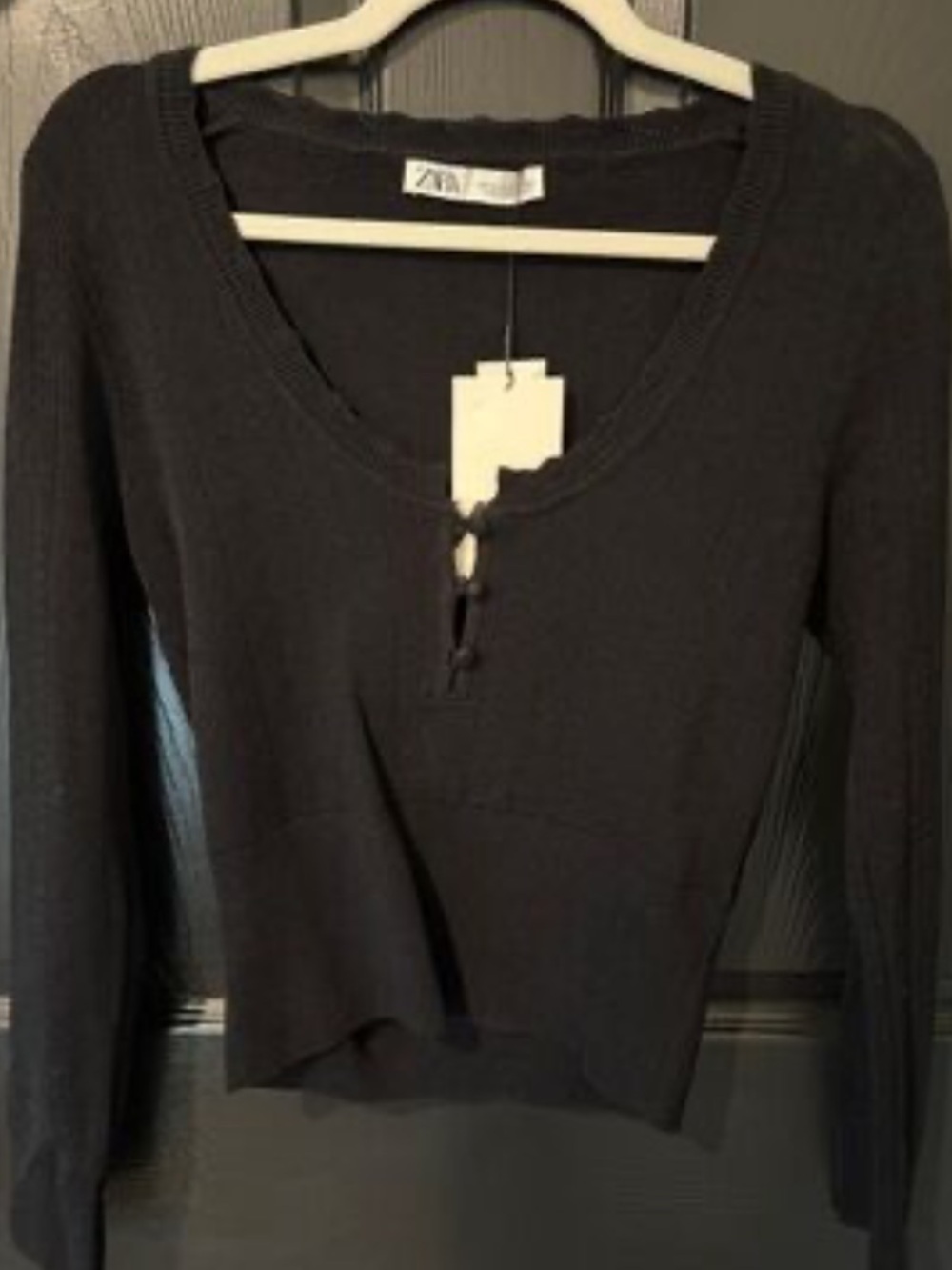 Zara Black Long-Sleeve Scoop Henley Knit Top